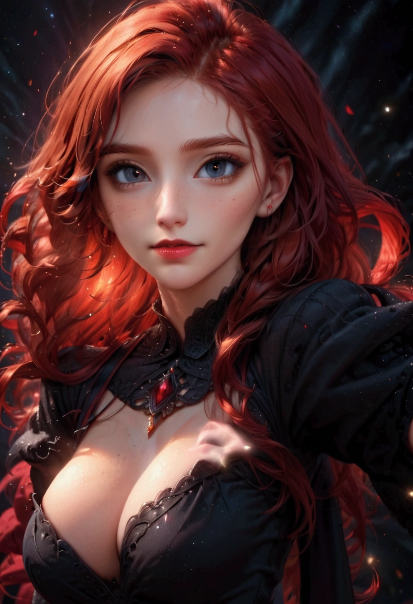 ((vivid red hair)), mature woman, 30 years old, diamond face, red starry sky background, depth of field, magic, big red lips, ((dark and black eyes)) black and red long and full dress, covered chest, mystical atmosphere, ominous shadows, Intense blue aura, Intense red aura (best quality:1.2), absurdres, intricate details, (highly detailed skin:1.2), smile expression, posing, taut and well defined body, attractive. Highly realistic, white skin, beautiful, hyperrealism, skin very elaborated, direct gaze,
