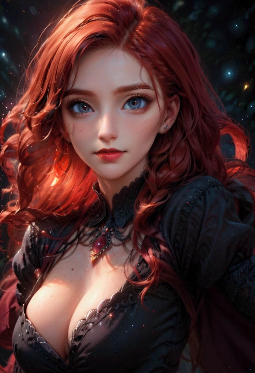 ((vivid red hair)), mature woman, 30 years old, diamond face, red starry sky background, depth of field, magic, big red lips, ((dark and black eyes)) black and red long and full dress, covered chest, mystical atmosphere, ominous shadows, Intense blue aura, Intense red aura (best quality:1.2), absurdres, intricate details, (highly detailed skin:1.2), smile expression, posing, taut and well defined body, attractive. Highly realistic, white skin, beautiful, hyperrealism, skin very elaborated, direct gaze,