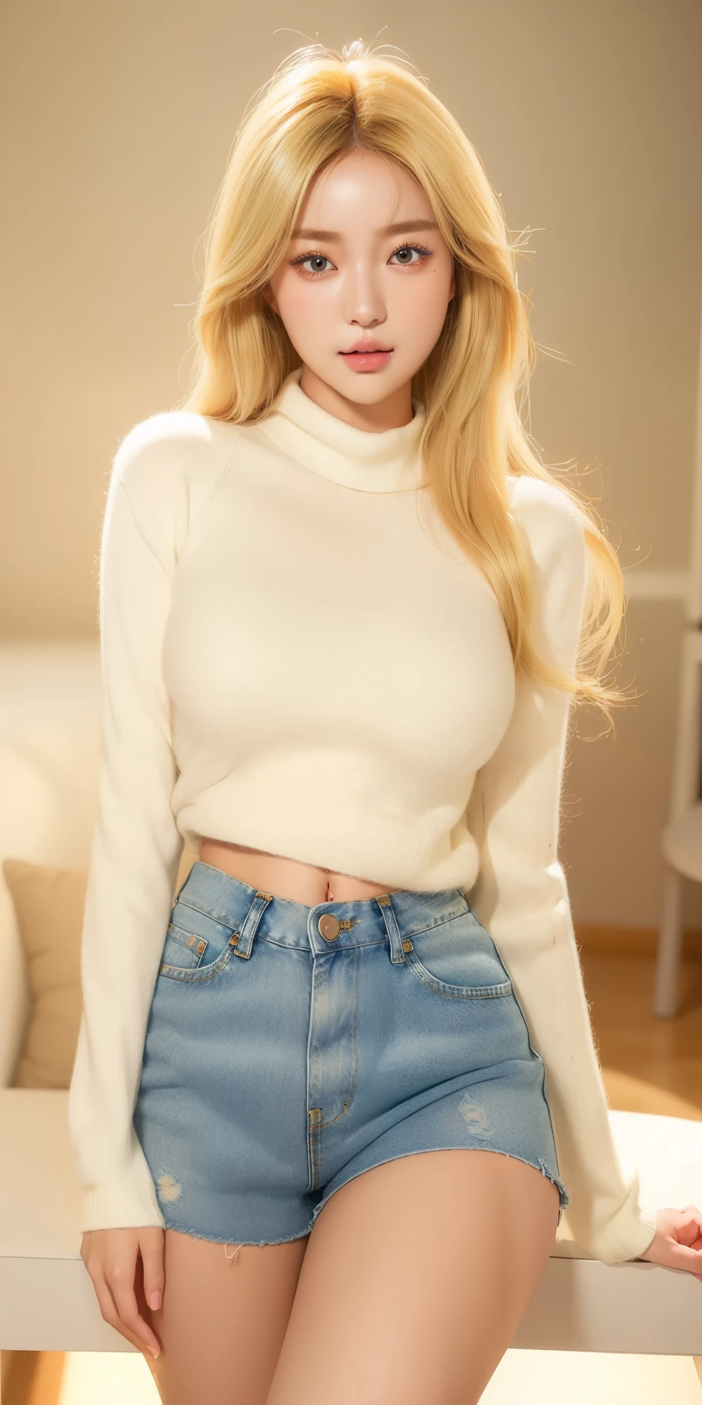 ((best quality, ultra-detailed, photorealistic: 1.39), bright and vibrant colors, studio lighting, romantic expression, seductive, Beautiful Korean woman, K-Pop girl, blonde, beautifully sensual, short long sleeve sweater, denim shorts, cotton fantasy world