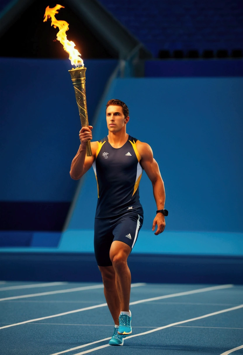 Olympic Games, Athlete Passing the Torch, full body, cinematic still, (best quality, masterpiece, photorealistic), very aesthetic, perfect composition, intricate details, ultra-detailed, vivid colors