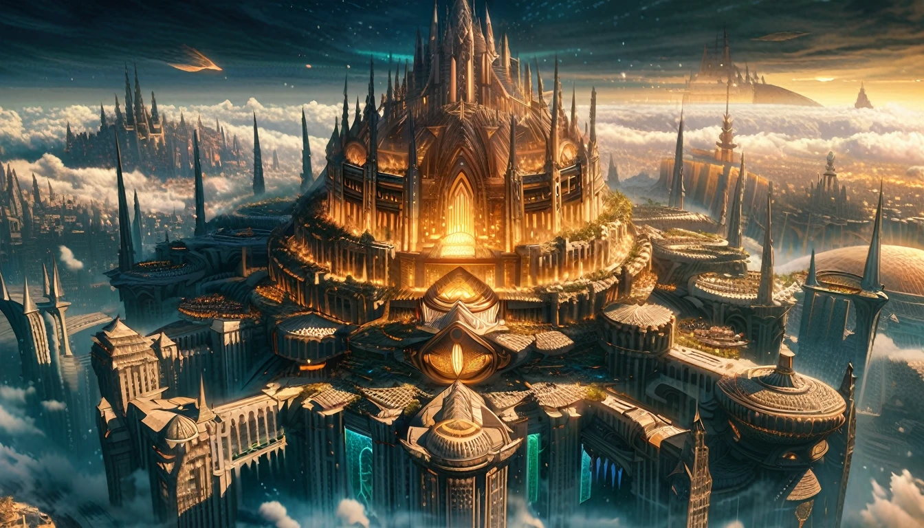 a close up of a city in the sky with a lot of clouds, cathedral of sun, huge futuristic temple city, big and structured valhalla city, floating city in the sky, futuristic castle, fantasy architecture, elden ring capitol, floating city on clouds, lothlorien, epic castle with tall spires, marc simonetti. intricate