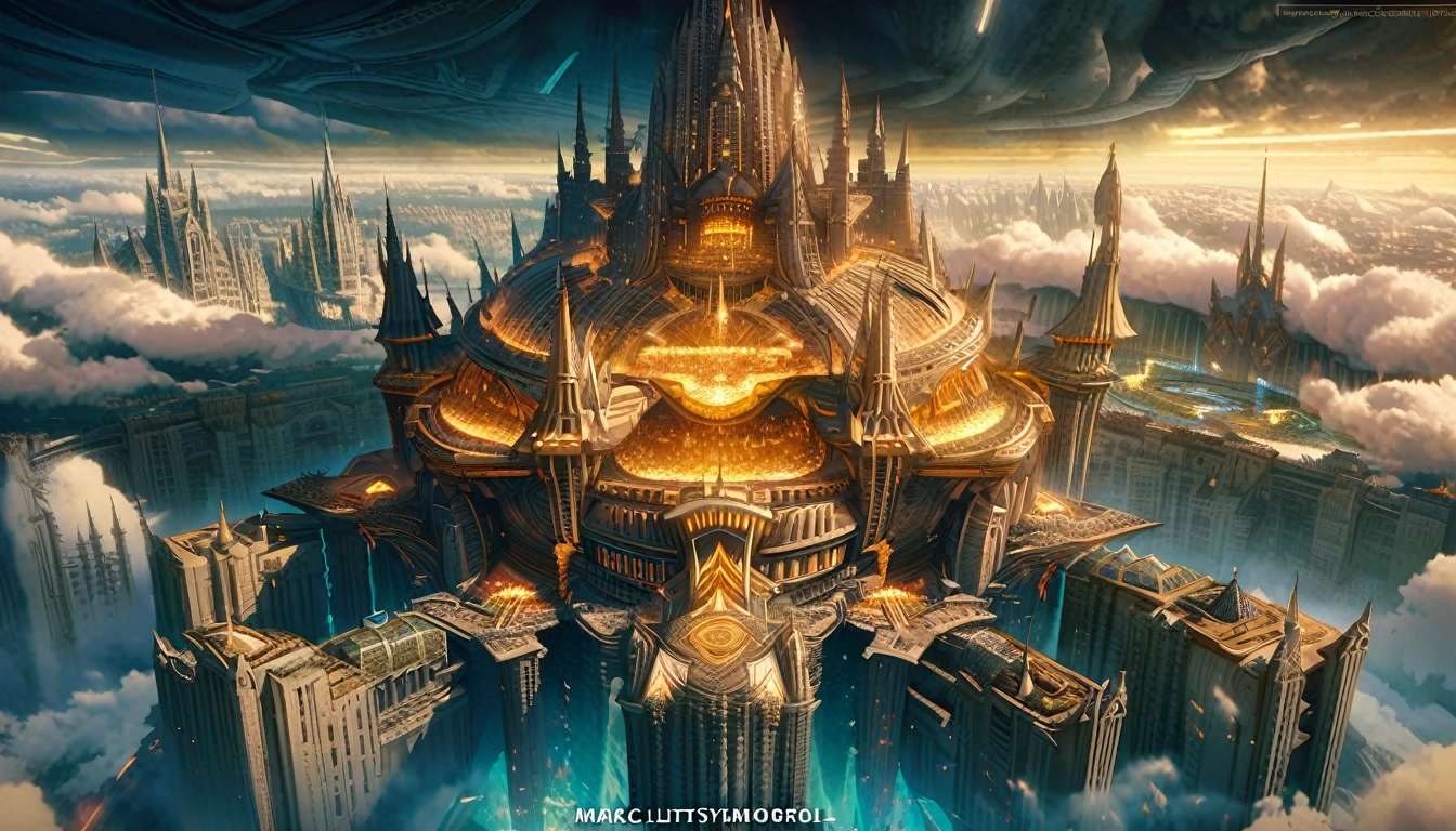 a close up of a city in the sky with a lot of clouds, cathedral of sun, huge futuristic temple city, big and structured valhalla city, floating city in the sky, futuristic castle, fantasy architecture, elden ring capitol, floating city on clouds, lothlorien, epic castle with tall spires, marc simonetti. intricate