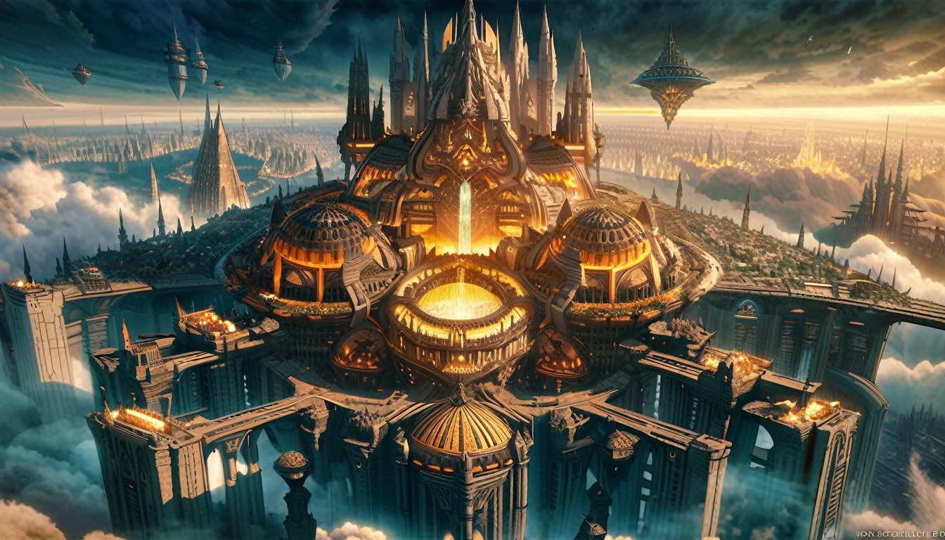 a close up of a city in the sky with a lot of clouds, cathedral of sun, huge futuristic temple city, big and structured valhalla city, floating city in the sky, futuristic castle, fantasy architecture, elden ring capitol, floating city on clouds, lothlorien, epic castle with tall spires, marc simonetti. intricate