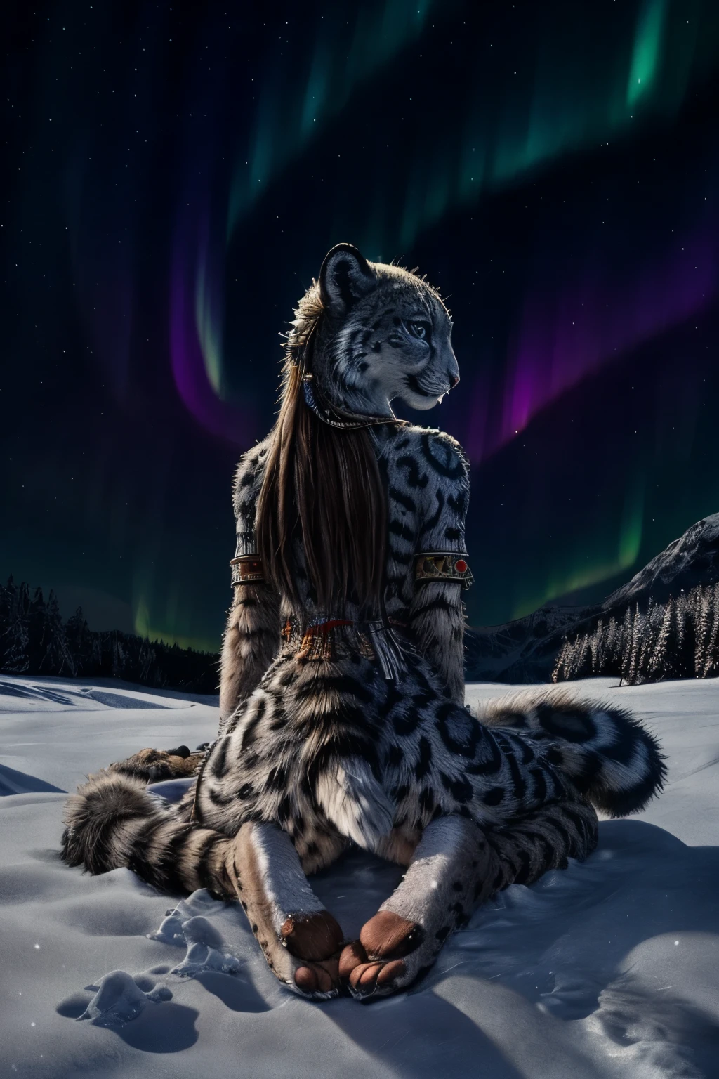 Snow Leopard, Humanity, furry, woman, woman, fur, detailed fur masterpiece, Highest quality, Digital Art, (Realistic:0.3), comics, Fine Lines, High resolution, Visually stunning (Detailed lighting, Depth of written boundary:0.9), Detailed Color, Vibrant colors, perfect hands, Fine hand (beautiful, cute, fluffy:1.2), Detailed body, Barefoot hairy character ,One girl,Person sitting barefoot in the snow, Nice legs, Soles and pads,smile,nature, Tribal accessories, Tribal costume, Colorful aurora borealis,Night