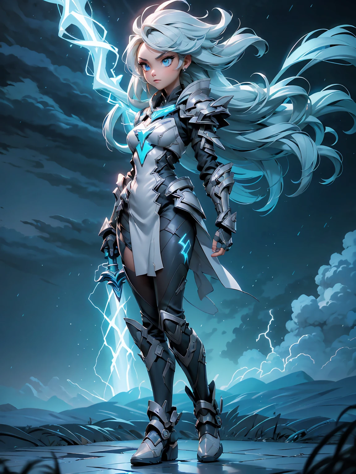 (((masterpiece, best quality 16k)))((full body shot)) of a girl in electrifying, futuristic armor with sleek silver and blue accents, standing in a stormy, electrified sky. She has short, spiky platinum blonde hair and piercing, electric blue eyes. Her skin has a faint, radiant glow, and she is adorned with intricate lightning bolt motifs. She holds a magnificent staff crackling with arcs of lightning, emitting a powerful, electric aura. The atmosphere is {charged|awe-inspiring}, with thunderclouds and bolts of lightning illuminating the scene. The ground beneath her is charged with static electricity, creating a shimmering effect and adding to the electrifying ambiance. Surrounding her are swirling storm clouds and bursts of lightning in shades of {blue|white}, casting a dynamic, electrical glow. The background features towering, swirling storm formations and glimpses of a distant, lightning-lit castle, hinting at a kingdom ruled by thunder and lightning. The scene is intense and majestic, with her face showing a confident yet serene expression, her eyes focused intently on harnessing her power.

[Best quality], [Masterpiece], [Ultra-detailed], [4k], {charged|awe-inspiring} atmosphere, stormy sky, {dynamic pose|commanding pose}, electrified illumination, {soft shadows|dramatic lighting}, {charged ground:0.7}, {swirling storm clouds:0.6}, {bursts of lightning:0.5}, {storm formations:0.4}, {lightning-lit castle:0.3}.