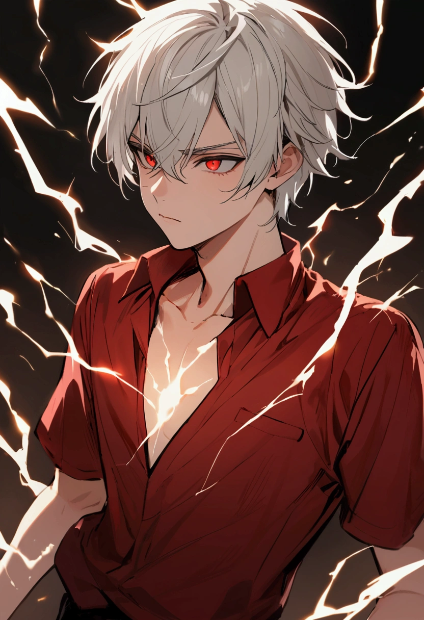 Male, 17 years old, long white hair, red shirt. There is electricity on the body.