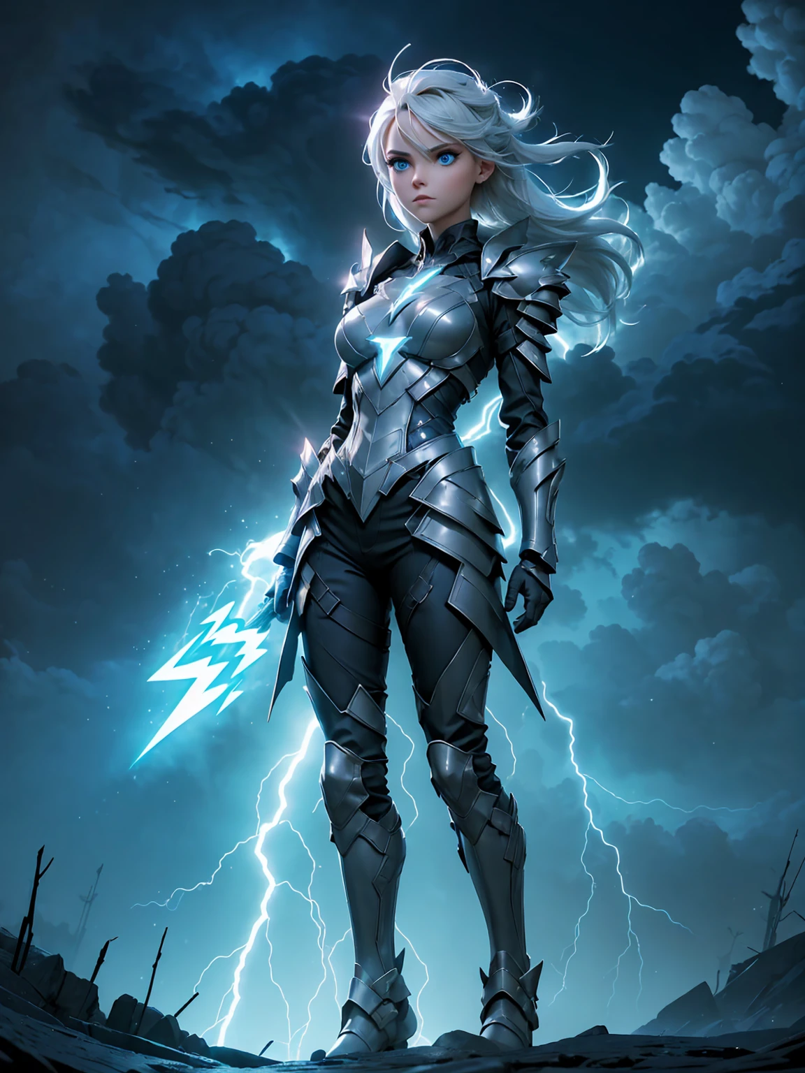 (((masterpiece, best quality 16k)))((full body shot)) of a girl in electrifying, futuristic armor with sleek silver and blue accents, standing in a stormy, electrified sky. She has short, spiky platinum blonde hair and piercing, electric blue eyes. Her skin has a faint, radiant glow, and she is adorned with intricate lightning bolt motifs. She holds a magnificent staff crackling with arcs of lightning, emitting a powerful, electric aura. The atmosphere is {charged|awe-inspiring}, with thunderclouds and bolts of lightning illuminating the scene. The ground beneath her is charged with static electricity, creating a shimmering effect and adding to the electrifying ambiance. Surrounding her are swirling storm clouds and bursts of lightning in shades of {blue|white}, casting a dynamic, electrical glow. The background features towering, swirling storm formations and glimpses of a distant, lightning-lit castle, hinting at a kingdom ruled by thunder and lightning. The scene is intense and majestic, with her face showing a confident yet serene expression, her eyes focused intently on harnessing her power.

[Best quality], [Masterpiece], [Ultra-detailed], [4k], {charged|awe-inspiring} atmosphere, stormy sky, {dynamic pose|commanding pose}, electrified illumination, {soft shadows|dramatic lighting}, {charged ground:0.7}, {swirling storm clouds:0.6}, {bursts of lightning:0.5}, {storm formations:0.4}, {lightning-lit castle:0.3}.