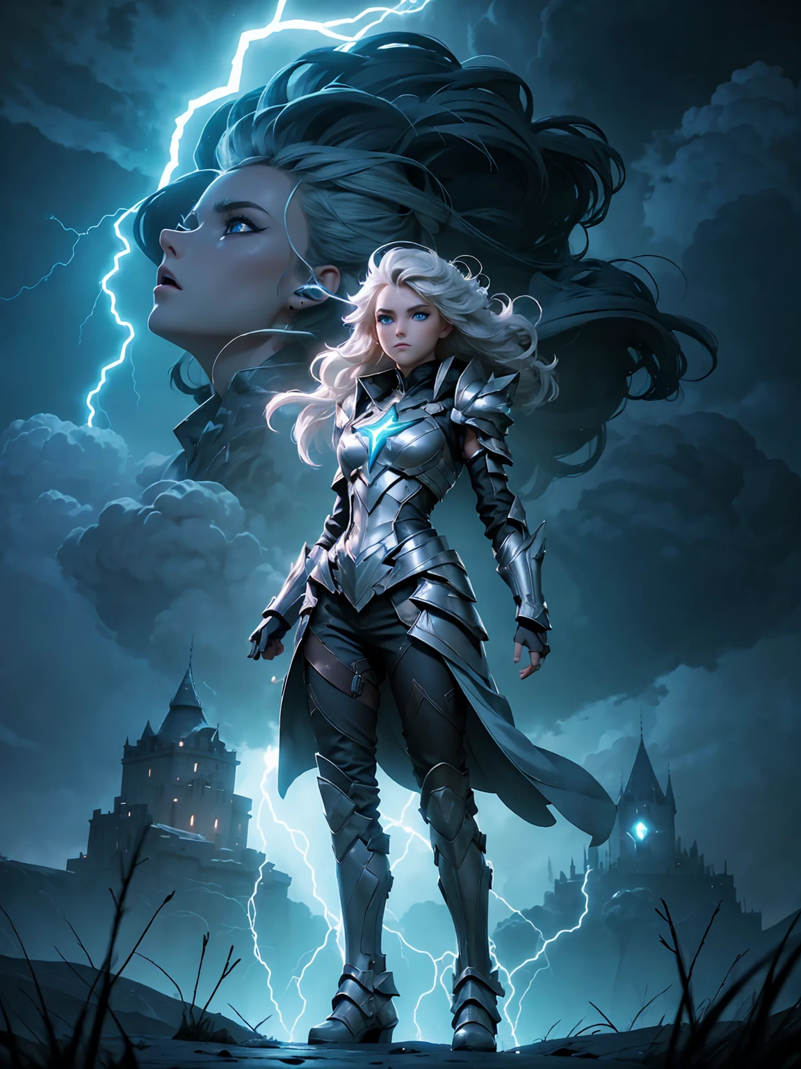 (((masterpiece, best quality 16k)))((full body shot)) of a girl in electrifying, futuristic armor with sleek silver and blue accents, standing in a stormy, electrified sky. She has short, spiky platinum blonde hair and piercing, electric blue eyes. Her skin has a faint, radiant glow, and she is adorned with intricate lightning bolt motifs. She holds a magnificent staff crackling with arcs of lightning, emitting a powerful, electric aura. The atmosphere is {charged|awe-inspiring}, with thunderclouds and bolts of lightning illuminating the scene. The ground beneath her is charged with static electricity, creating a shimmering effect and adding to the electrifying ambiance. Surrounding her are swirling storm clouds and bursts of lightning in shades of {blue|white}, casting a dynamic, electrical glow. The background features towering, swirling storm formations and glimpses of a distant, lightning-lit castle, hinting at a kingdom ruled by thunder and lightning. The scene is intense and majestic, with her face showing a confident yet serene expression, her eyes focused intently on harnessing her power.

[Best quality], [Masterpiece], [Ultra-detailed], [4k], {charged|awe-inspiring} atmosphere, stormy sky, {dynamic pose|commanding pose}, electrified illumination, {soft shadows|dramatic lighting}, {charged ground:0.7}, {swirling storm clouds:0.6}, {bursts of lightning:0.5}, {storm formations:0.4}, {lightning-lit castle:0.3}.