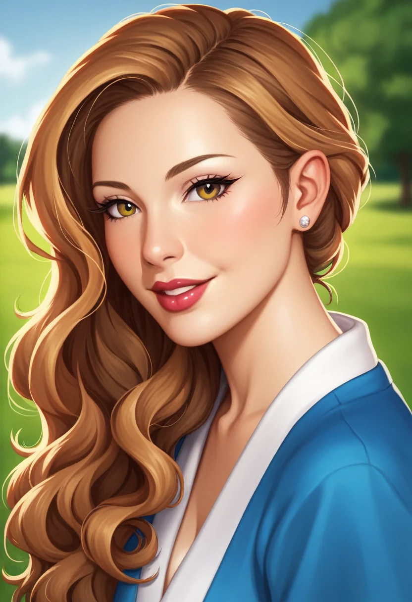 Draw lips correctly, lipstick, De la poitrine vers le haut, best quality, super detailed, Realistic, Peau ultra fine, anatomie parfaite, (1 Japanese mature woman), (seul),Porter une robe col rond haut de gamme vert fleuri,manches courtes,Long wavy hair,femme de 27 anature,sourire charmant,fond de jardin,rester,visage rond, hair tied in ponytail,Le corps est un peu gros,buste moyen,tir de tout le corps