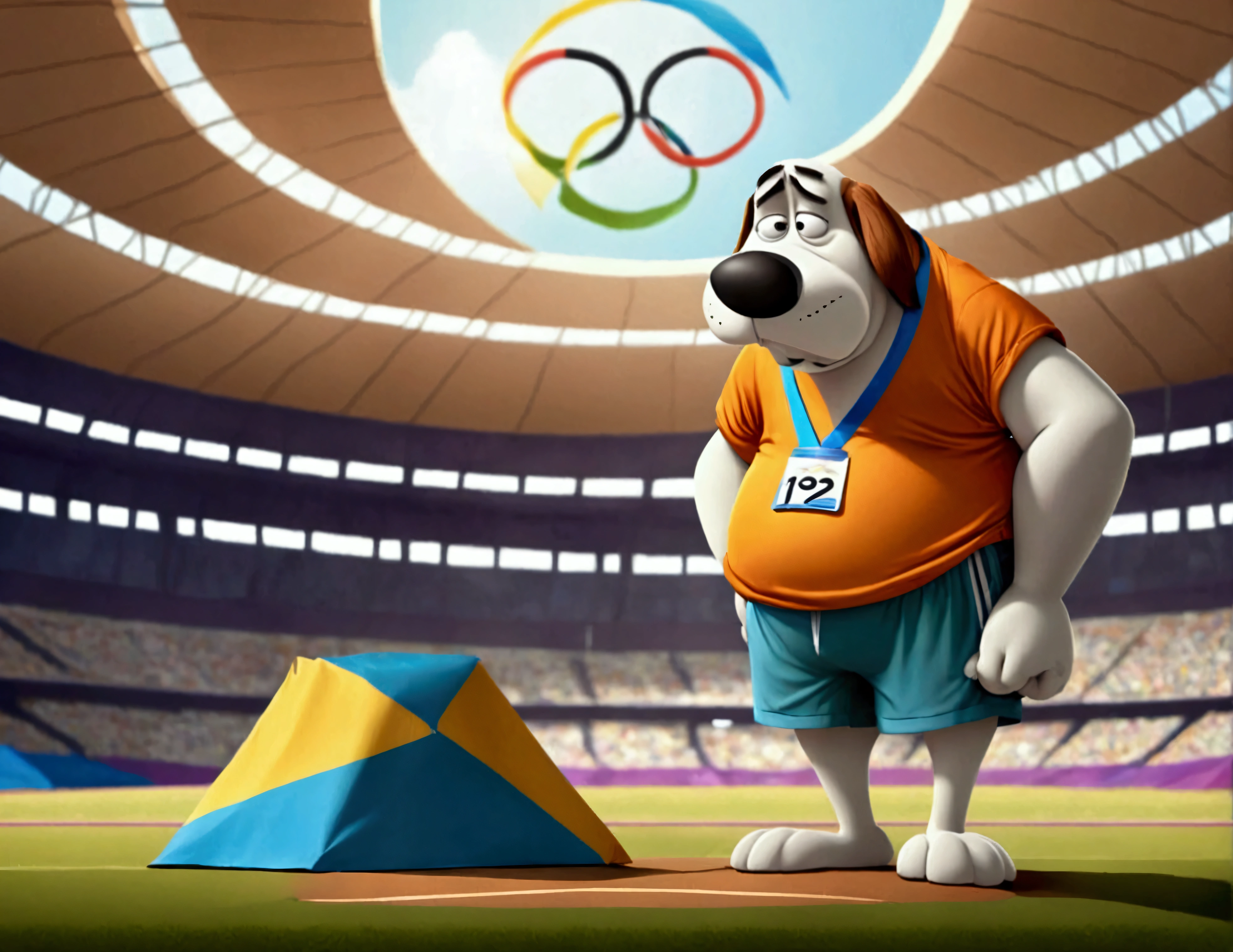 Cartoon character droopy (sad, baggy shirt, baggy shorts, 1 javelin)is preparing to do the javelin toss at the Olympic games