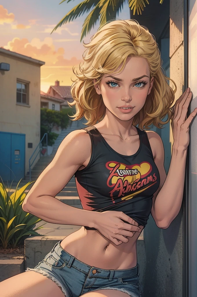 seductive 30 year old woman with short wavy blonde hair, hazel eyes, small breasts, model body, wearing a white tank top with a colorful print, hazel Bermuda shorts, posing sitting on a staircase with graffiti, upper body, concrete staircase background with graffiti in a skate park,palm trees,deep on field,dutch angle,afternoon light,evening,sunset,los angles