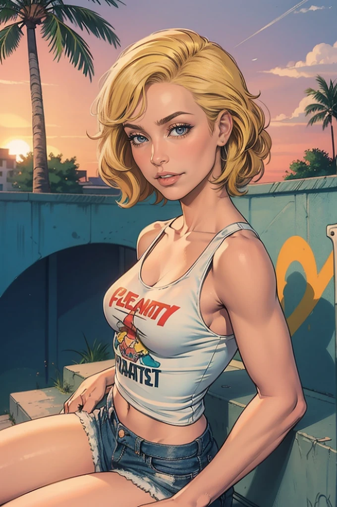 seductive  with short wavy blonde hair, hazel eyes, small breasts, model body, wearing a white tank top with a colorful print, hazel Bermuda shorts, posing sitting on a staircase with graffiti, upper body, concrete staircase background with graffiti in a skate park, palm trees, depth on field, Dutch angle, afternoon light, evening, sunset, los angles