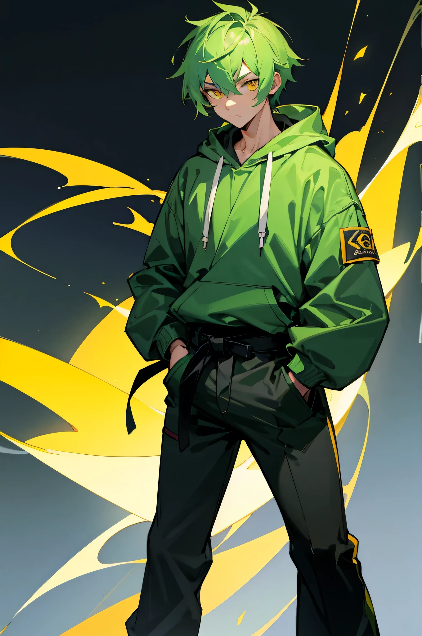 Male, , Green hair, Yellow eyes, Martial Arts Gi, Black belt, Hoodie, Tower Background, hands in Pockets.