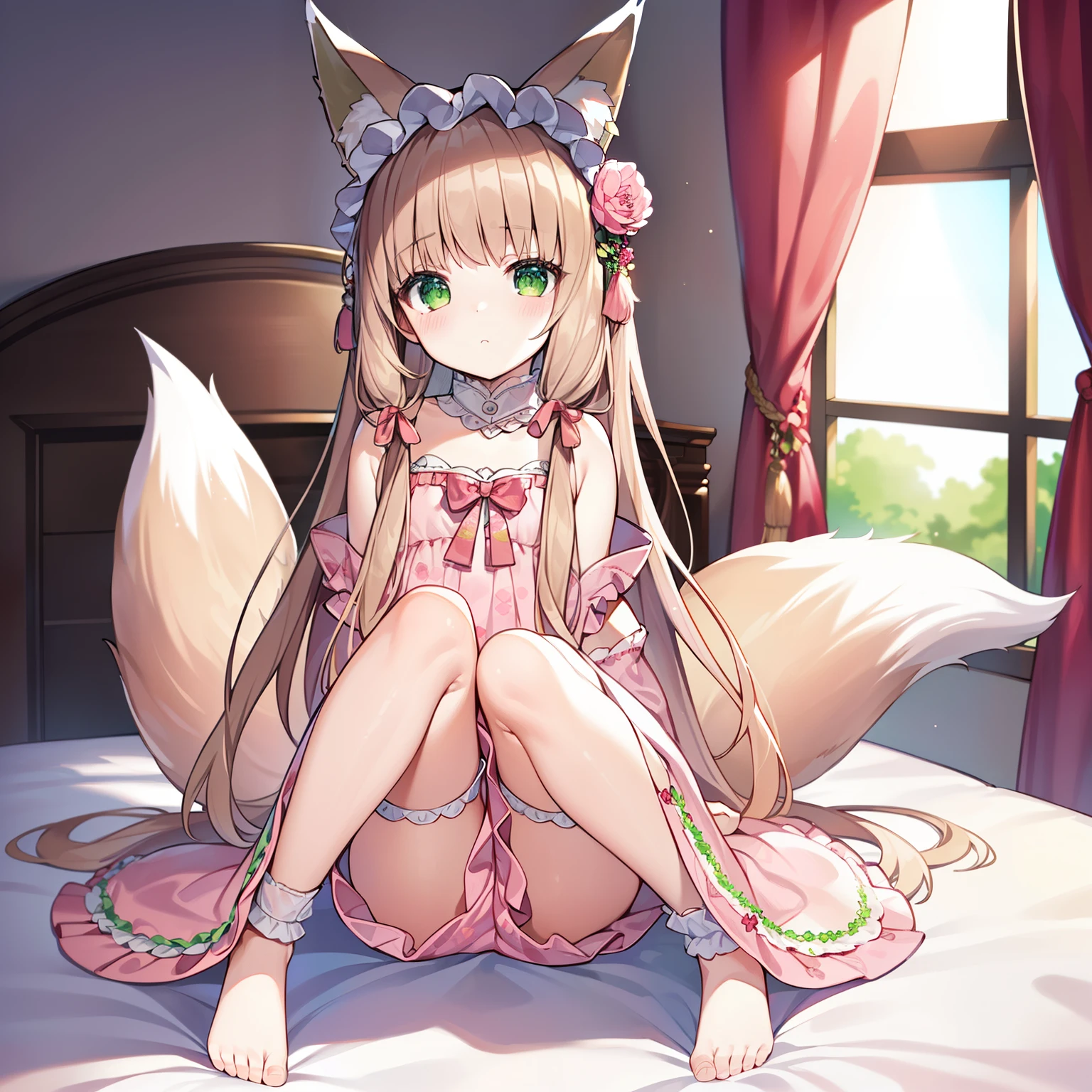 (Extremely detailed, ridiculous, Ultra HD, Extremely detailed, best quality)，Solitary, (A giant, soft fox tail)，A pair of fox ears，Green Eyes，(light brown long hair)，Small flower headdress, (9 _Cute Loli)，cute figure，sitting on the bed，hold your feet，Pink pajamas，dumb look，