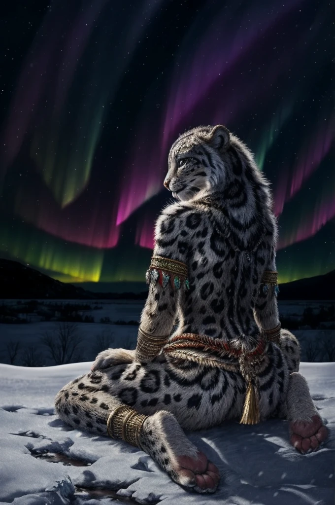 Snow Leopard, Humanity, furry, woman, woman, fur, detailed fur masterpiece, Highest quality, Digital Art, (Realistic:0.3), comics, Fine Lines, High resolution, Visually stunning (Detailed lighting, Depth of written boundary:0.9), Detailed Color, Vibrant colors, perfect hands, Fine hand (beautiful, cute, fluffy:1.2), Detailed body, Barefoot hairy character ,One girl,Person sitting barefoot in the snow, Nice legs, Soles and pads,smile,nature, Tribal accessories, Tribal costume, Colorful aurora borealis,Night