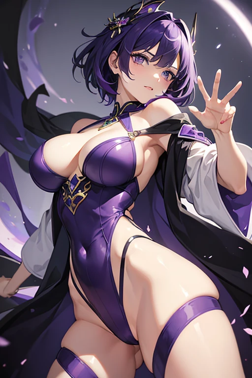 (masterpiece), (perfect hands), best quality, expressive eyes, perfect face, woman with short purple hair with long bangs in purple sexy wizard robes, dynamic pose, sexy pose, centered