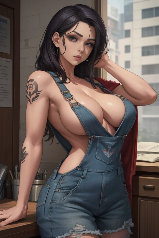 Un primer plano de una mujer with tattoos en los brazos y el pecho., with tattoos, tattooed, wearing dirty overalls, covered, beautiful and detailed body and face, thick, bust shot with chest up,  handsome man wearing tank suit, wearing blue denim overalls, Wearing overalls, big breasted, delicate face, large eyes, skin texture, artgerm artistic style