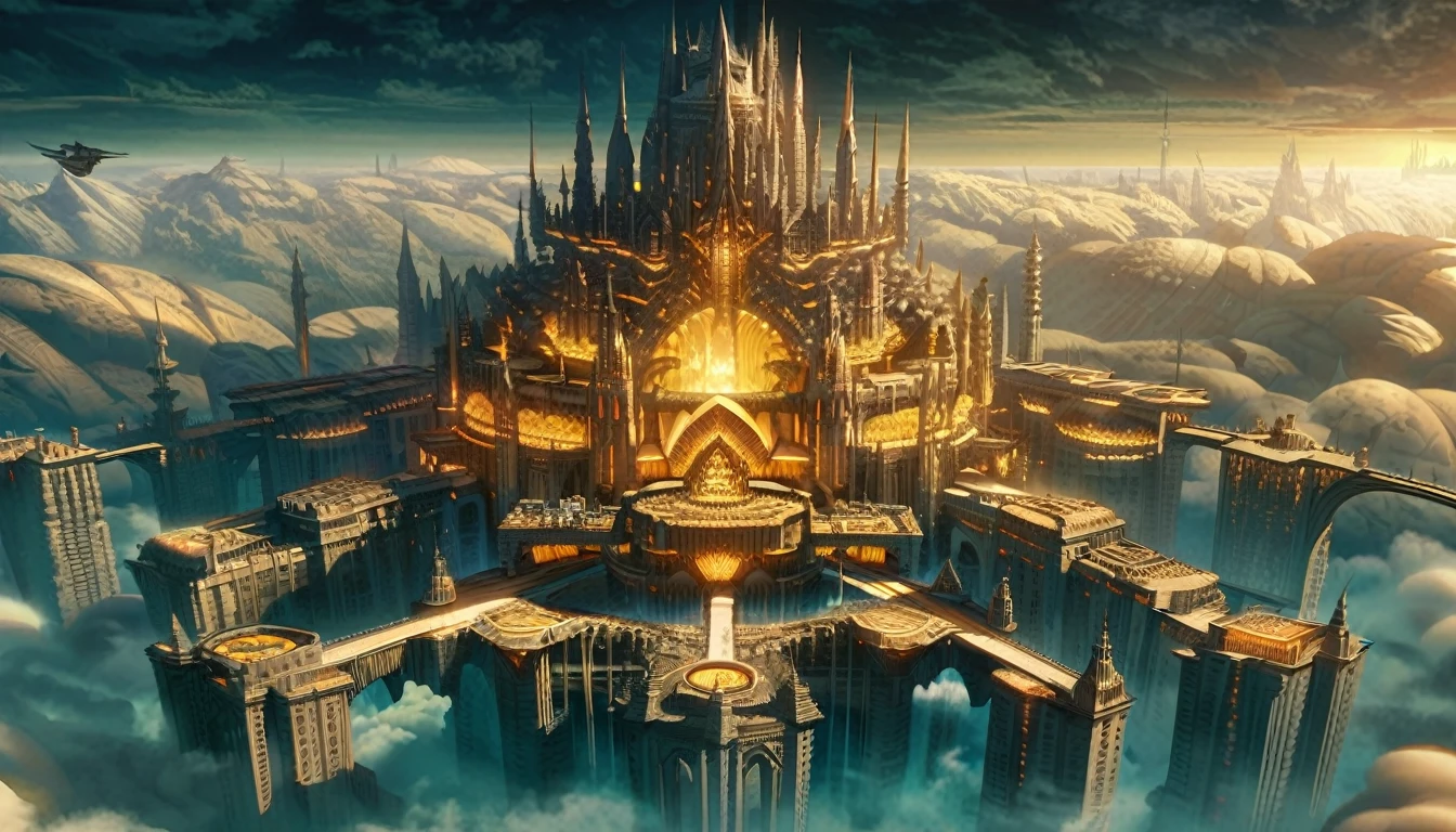 a close up of a city in the sky with a lot of clouds, cathedral of sun, huge futuristic temple city, big and structured valhalla city, floating city in the sky, futuristic castle, fantasy architecture, elden ring capitol, floating city on clouds, lothlorien, epic castle with tall spires, marc simonetti. intricate