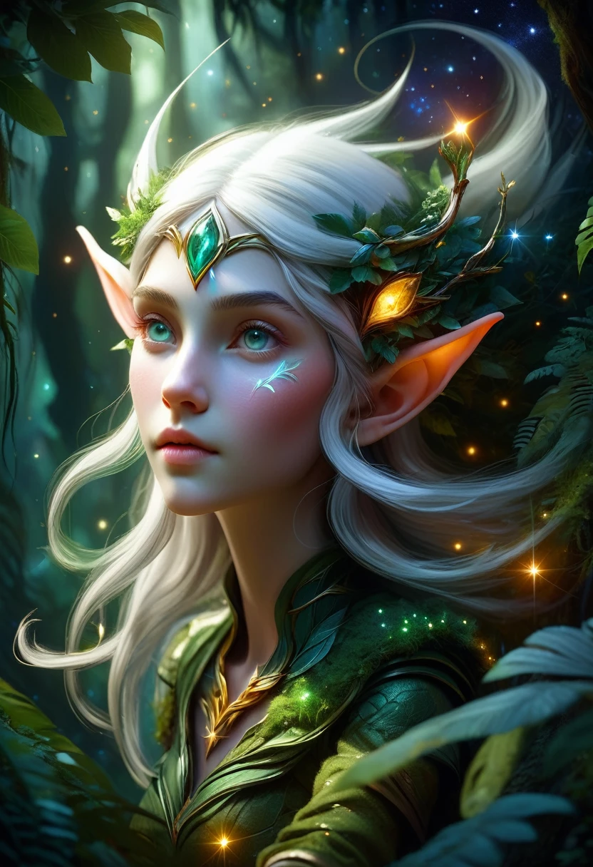 A masterpiece of ultra-fine detail, Dynamic, Good quality,Floating Elf Portrait DonMW15pXL ,Female elf in the jungle,Starlight,firefly,