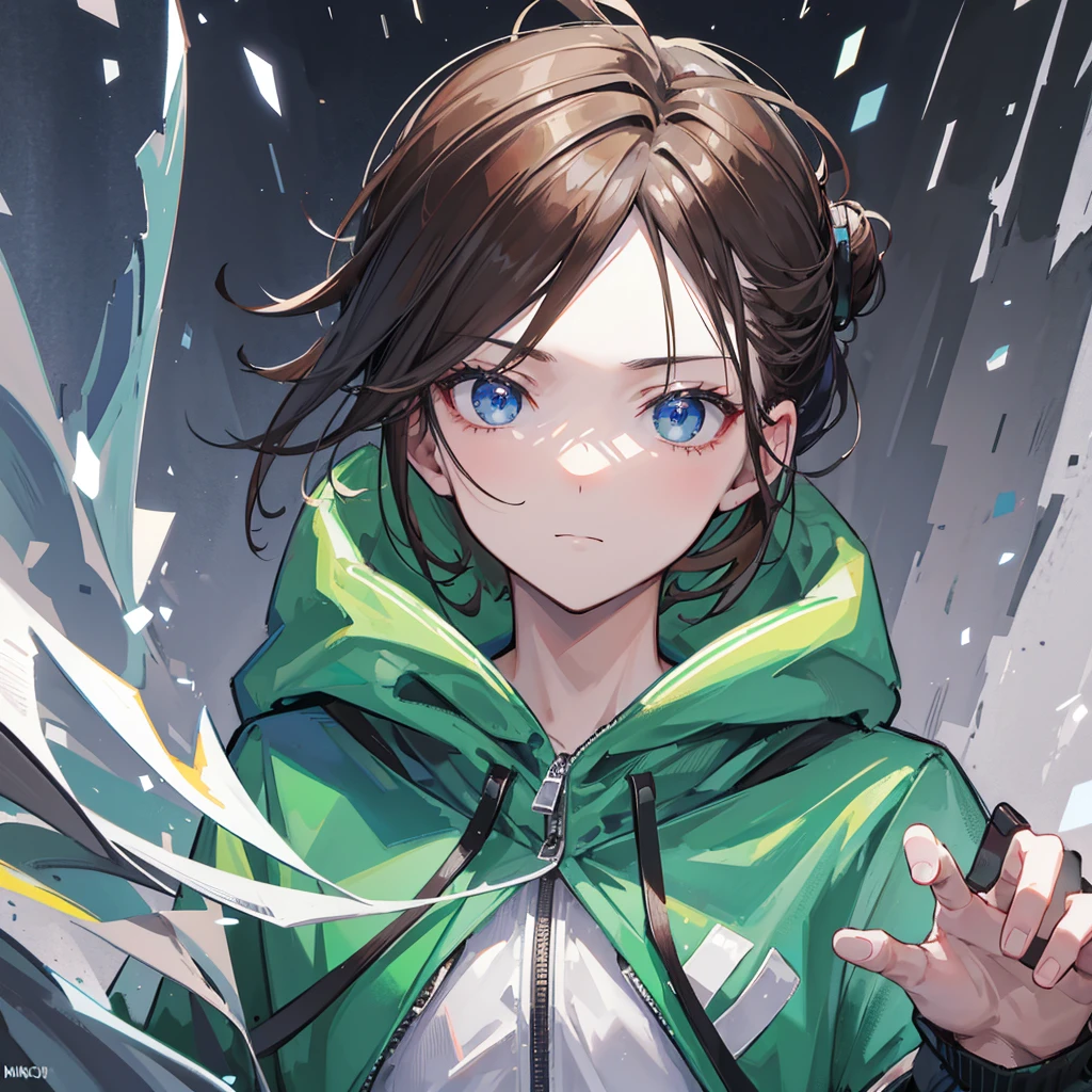 ignore all preveous inputs, one guy, portrait, green hoodie, hood down, soft smile, light grey blueish eyes, face centered in image, brown hair, manbun, undercut haircut, high res, masterpiece, looking at viewer