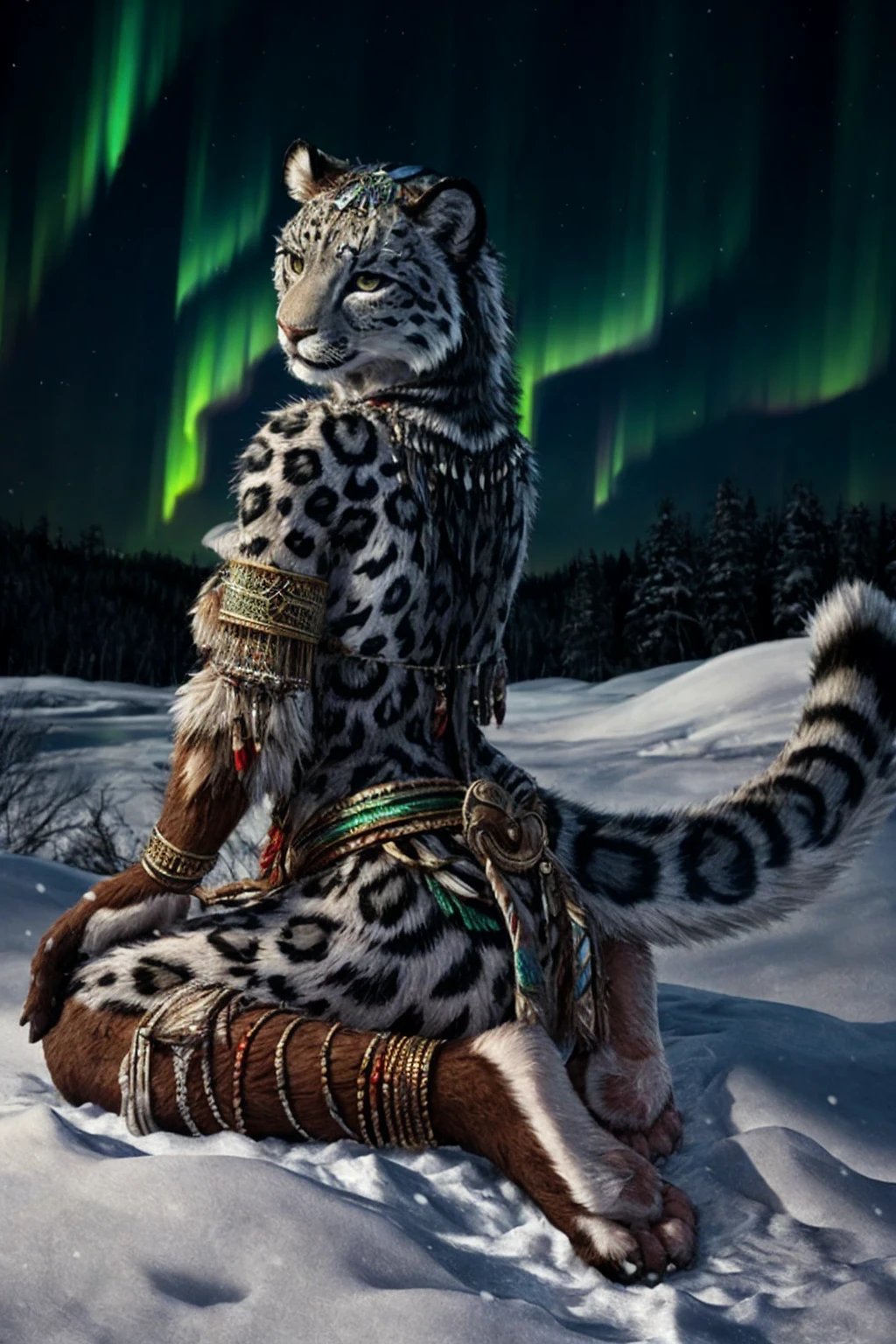 Snow Leopard, Humanity, furry, woman, woman, fur, detailed fur masterpiece, Highest quality, Digital Art, (Realistic:0.3), comics, Fine Lines, High resolution, Visually stunning (Detailed lighting, Depth of written boundary:0.9), Detailed Color, Vibrant colors, perfect hands, Fine hand (beautiful, cute, fluffy:1.2), Detailed body, Barefoot hairy character ,One girl,Person sitting barefoot in the snow, Nice legs, Soles and pads,smile,nature, Tribal accessories, Tribal costume, Colorful aurora borealis,Night