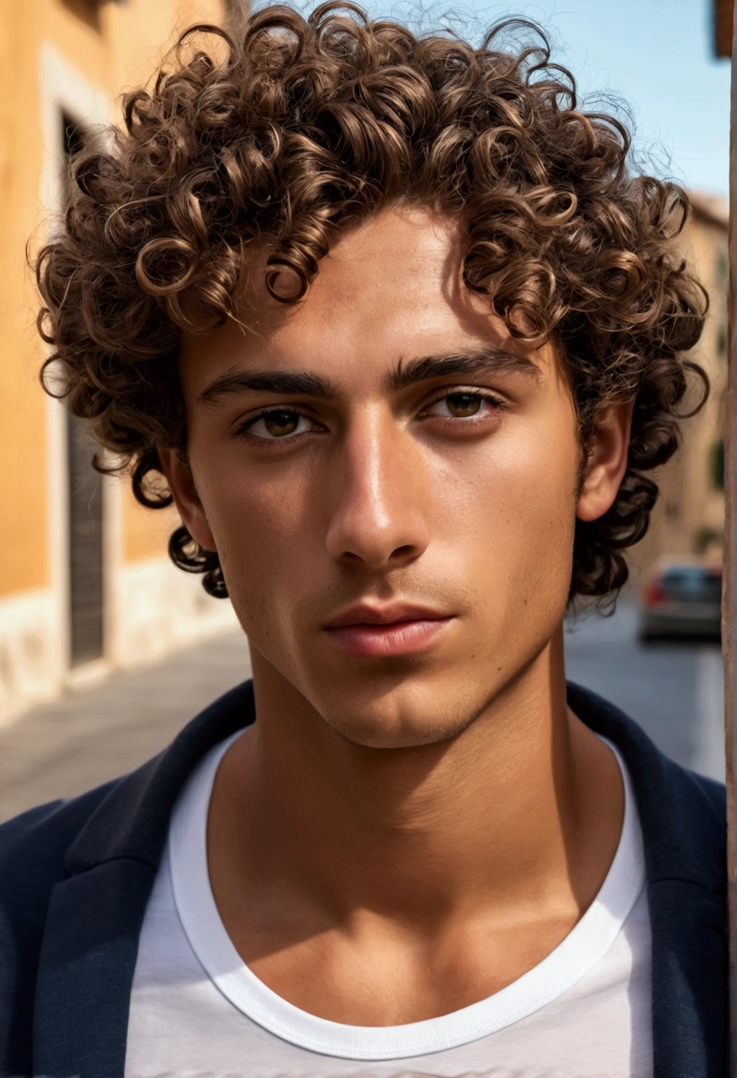 Attractive Italian boy with curly hair and slightly tan skin