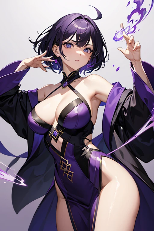(masterpiece), (perfect hands), best quality, expressive eyes, perfect face, woman with short purple hair with long bangs in purple sexy wizard robes, dynamic pose, sexy pose, centered, headshot