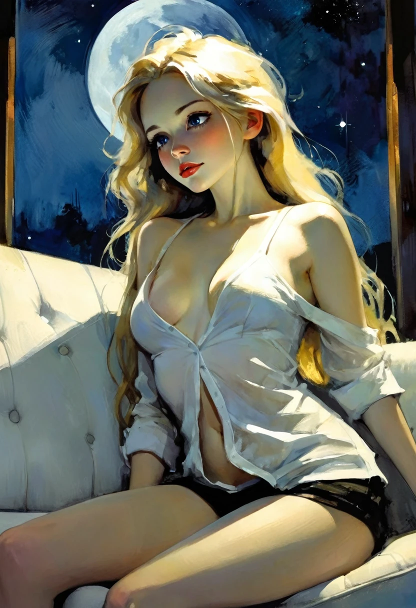 very sexy girl, long blonde hair, very small breasts, on a sofa, wearing only an open white shirt, open shirt, showing breasts, very thin, eroticism, sexy and powerful composition, emotional impact ((from below)), magic, fantastic, night sky window, moon, stars, background, alone, very beautiful, cute, adorable, embarrassed, alone, blue eyes, white skin, Glowify (simple oil painting in the style of Bill Sienkiewicz) black and white image
