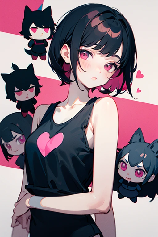  Create a girl with a television head like the old ones, and short black hair (wolf cut type), and wears a black tank top with a pink heart in the middle (style scene), She has black and pink striped dolls, It is very pale tea.