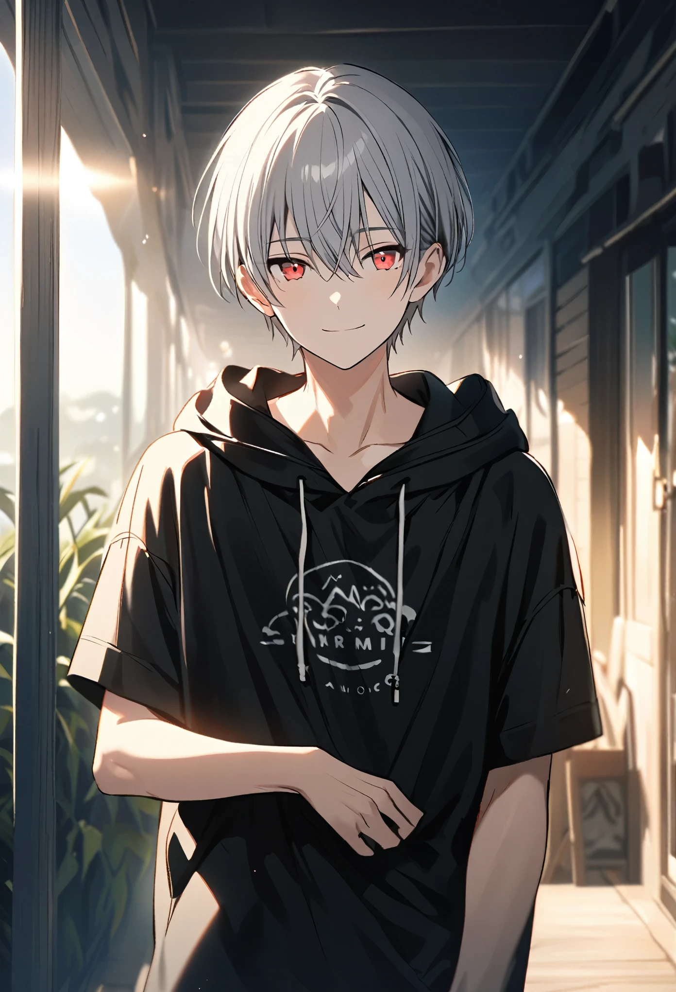 good looking, alone, 1 male, Gray Hair, Red eyes, Black Shirt, Black and white hooded, morning, White Light,Cute eyes,Short hairstyle,A cute boy,summer,looking at the camera,smile