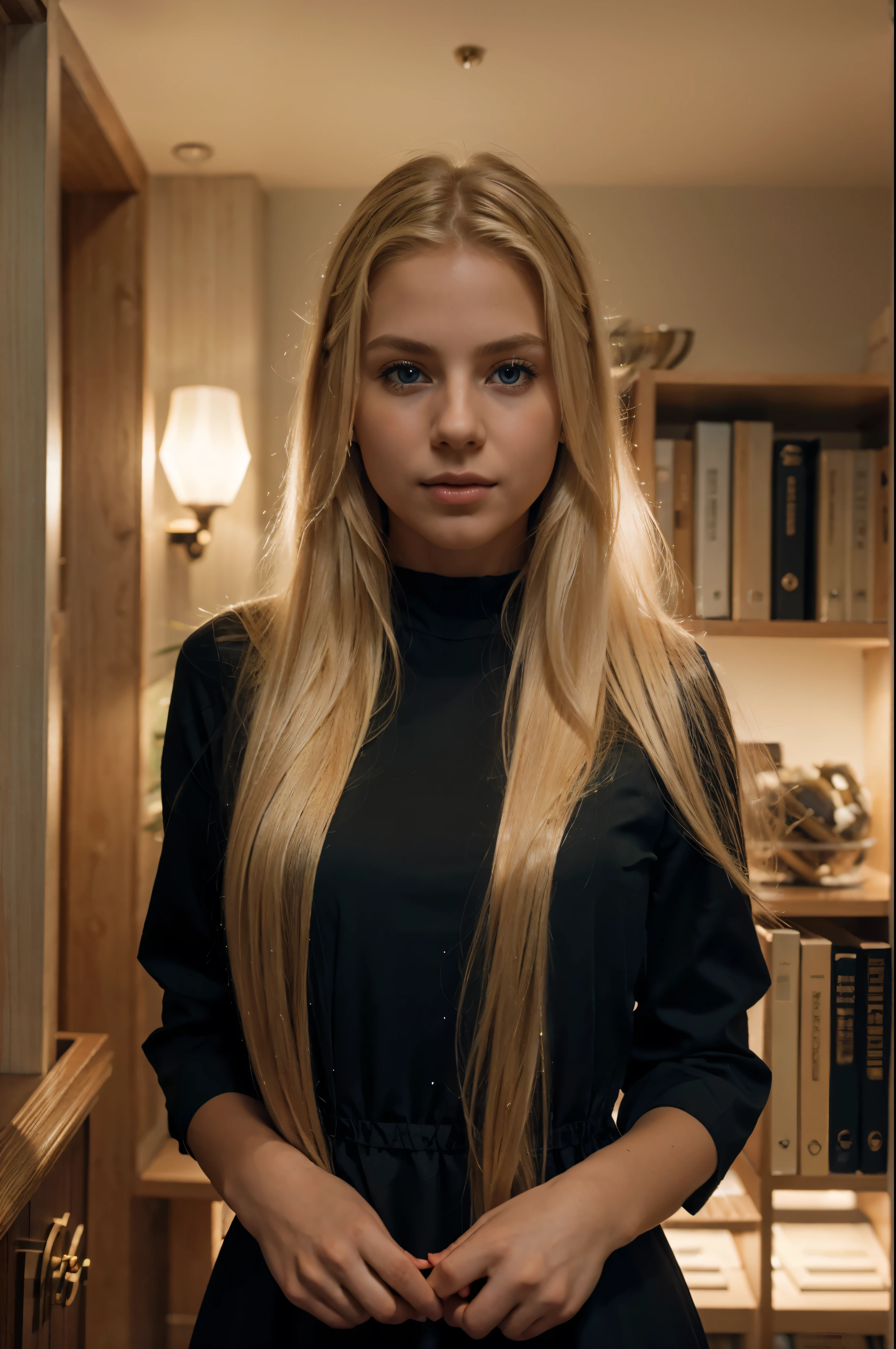 (best qualityer,realisitic:1.2),ultra detali,blue-eyed,blonde girl from Scandinavia,(very long blonde hair, flowing blonde hair),(In a sexy black dress),(from front view,from front view completa),(Youngh,appealing,comely),(serene expression),(soft skin),(delicate features),(soft lighting),(calm environment),(subtle shadows),(high resolution),library background,bright coloured,shot on hasselblad