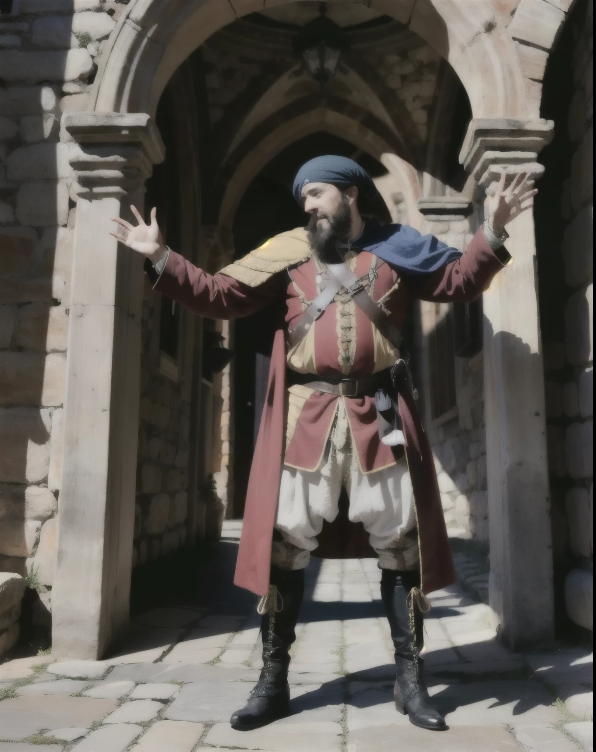 Best Quality,masterpiece,Very detailed,ultra detailed, medieval castile, 1 chico,facial hair, landsknecht, has, Alone, bottomless, quality multicolored clothing, whole body. open mouth and raised hands. Behind him is a white wall. en la mano soshas un pergamino. he is about 40 years old. medieval boots. It is from the 15th century from the court of ISabel the Catholic