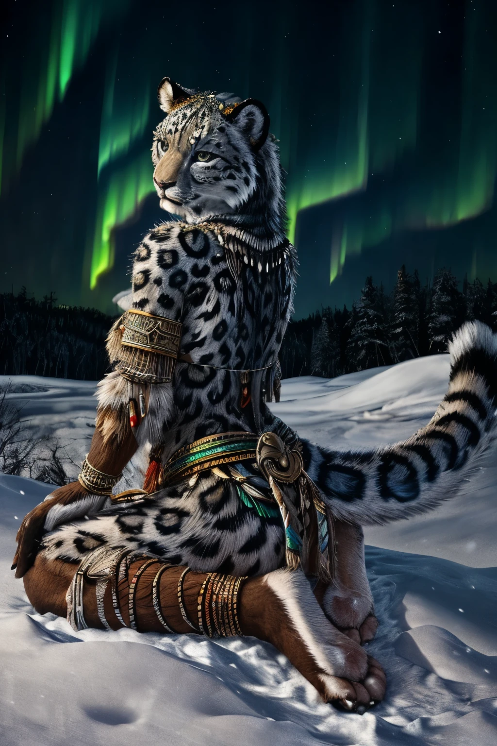 Snow Leopard, Humanity, furry, woman, woman, fur, detailed fur masterpiece, Highest quality, Digital Art, (Realistic:0.3), comics, Fine Lines, High resolution, Visually stunning (Detailed lighting, Depth of written boundary:0.9), Detailed Color, Vibrant colors, perfect hands, Fine hand (beautiful, cute, fluffy:1.2), Detailed body, Barefoot hairy character ,One girl,Person sitting barefoot in the snow, Nice legs, Soles and pads,smile,nature, Tribal accessories, Tribal costume, Colorful aurora borealis,Night