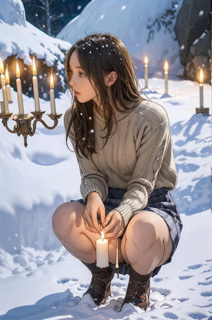 Hundreds of candles lit in a snow cave in Snow Country, Sweater and skirt, wonderful, masterpiece, At night, e 13 rl, Crouching down, looking straight ahead