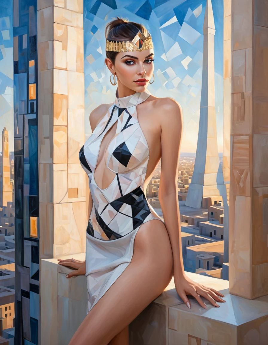 Cubist artwork of side light,dappled moonlight,blush,1girl,28yo,egyptdress,cyberpunk city,cityscape,nsfw,looking at viewer,glass material,, Geometric shapes, abstract, innovative, revolutionary