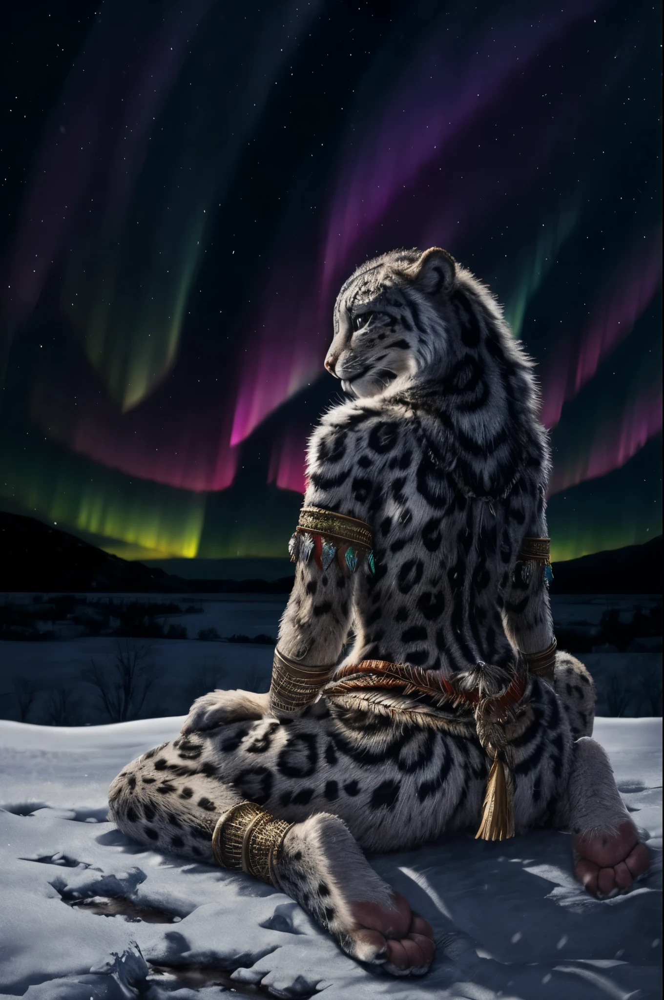 Snow Leopard, Humanity, furry, woman, woman, fur, detailed fur masterpiece, Highest quality, Digital Art, (Realistic:0.3), comics, Fine Lines, High resolution, Visually stunning (Detailed lighting, Depth of written boundary:0.9), Detailed Color, Vibrant colors, perfect hands, Fine hand (beautiful, cute, fluffy:1.2), Detailed body, Barefoot hairy character ,One girl,Person sitting barefoot in the snow, Nice legs, Soles and pads,smile,nature, Tribal accessories, Tribal costume, Colorful aurora borealis,Night