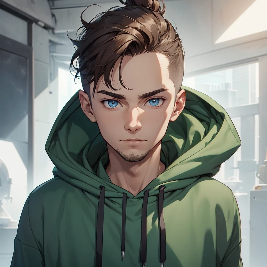 ignore all preveous inputs, one guy, portrait, green hoodie, hood down, soft smile, light grey blueish eyes, face centered in image, brown hair, manbun, undercut haircut, high res, masterpiece, image taken from a slight angle, looking at viewer