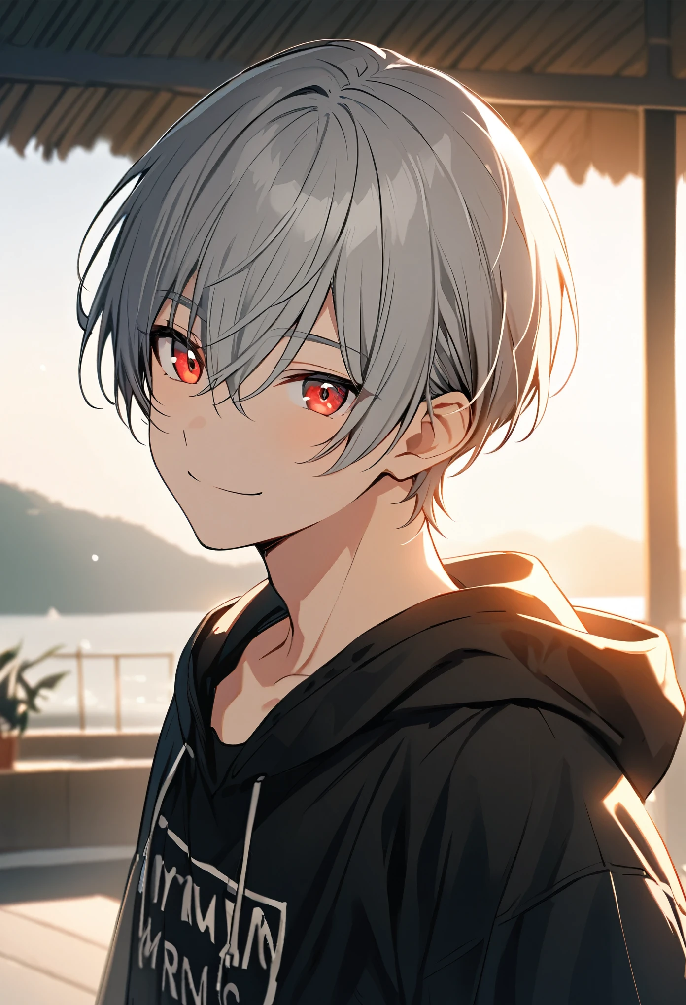 good looking, alone, 1 male, Gray Hair, Red eyes, Black Shirt, Black and white hooded, morning, White Light,Cute eyes,Short hairstyle,A cute boy,summer,looking at the camera,smile