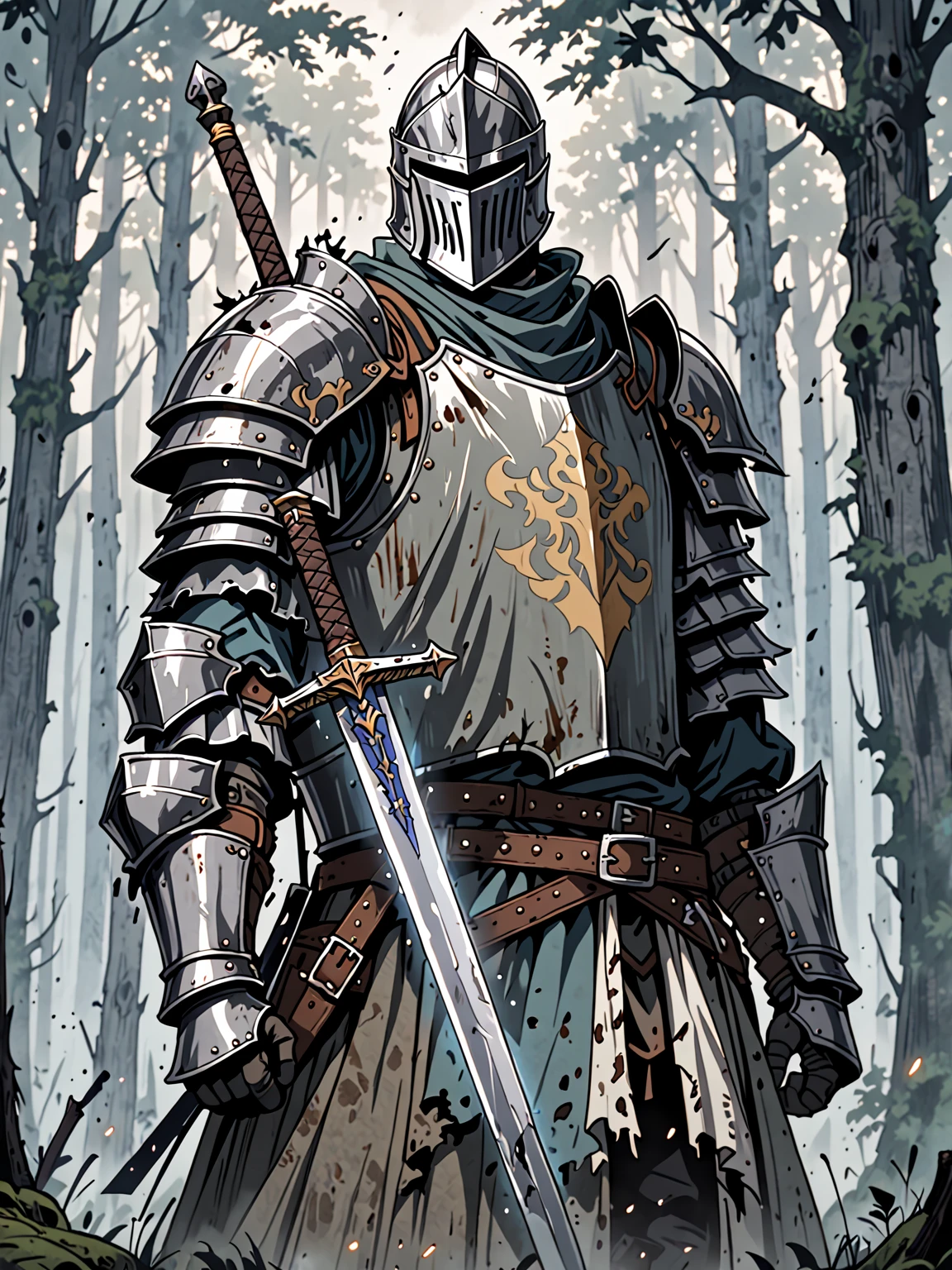 solo male knight, ancient and decrepit western armor, faceless, tattered clothes, misty forest, wielding a western sword, close up, chivalrous, noble, slightly scary, enchanted knight, clumsy, simple design