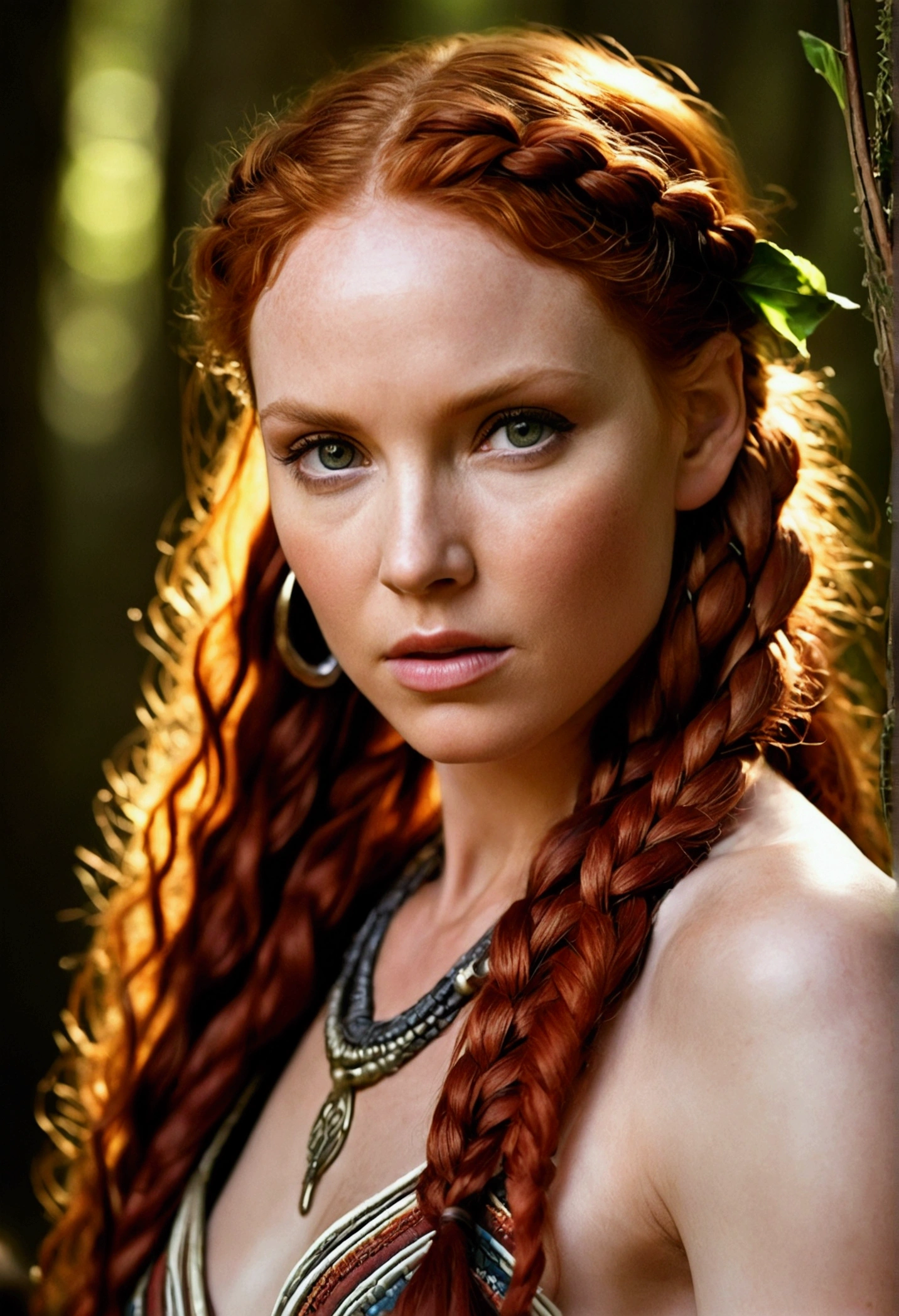 masterpiece, Beautiful mature female(lily cole:lauren ambrosio:0.0), Atuendo de cazador tribal sexy de high detalle, braided red hair, ((little)) firm and perky breasts, slim athletic body, high, seductive expression, fantasy forest, High Definition, (detailed skin texture:1.1), Best Quality, ultra high resolution, (photorealistic: 1.4), raw photo, by Ellen von Unwerth, Nikon D850 Film Stock Photography, F1.6 lenses, Rich colors, realist, Cinestill 800, Backlight, edge lighting, sunlight, from behind