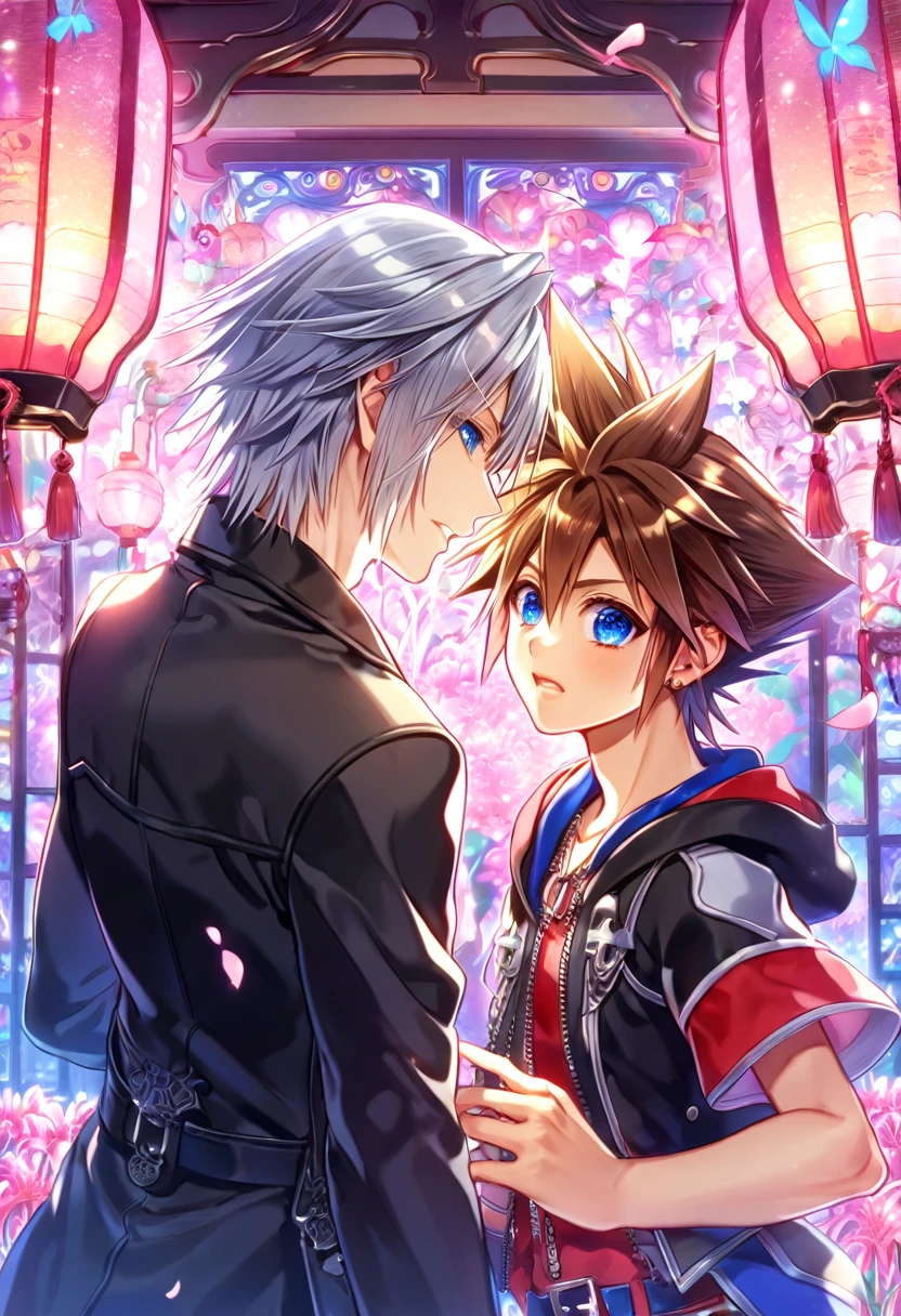 absurd resolution, high resolution, ultra detailed, detailed eyes, extremely detailed, HDR, 8K, Riku, gray hair, expressive blue eyes, Kingdom Hearts, Sora, brown hair, expressive blue eyes, two sexy men together, yaoi, gay couple, handsome, black coat, black jacket, fantasy, cool, magical, pink glittering butterflies, pink dust flying around, pink spider lilies, pink petals, pink lanterns, Japanese ambiance, indoors