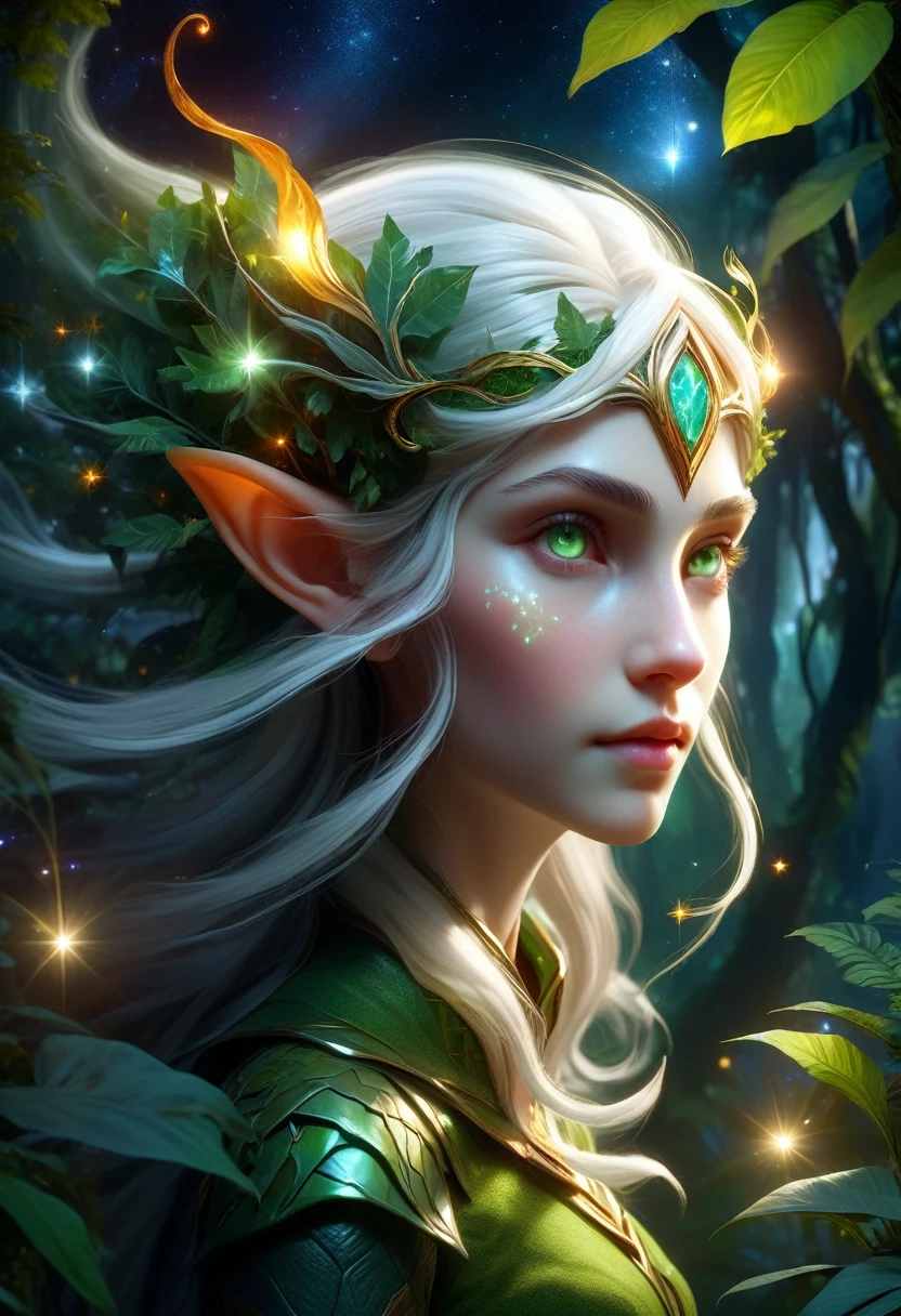 A masterpiece of ultra-fine detail, Dynamic, Good quality,Floating Elf Portrait DonMW15pXL ,Female elf in the jungle,Starlight,firefly,