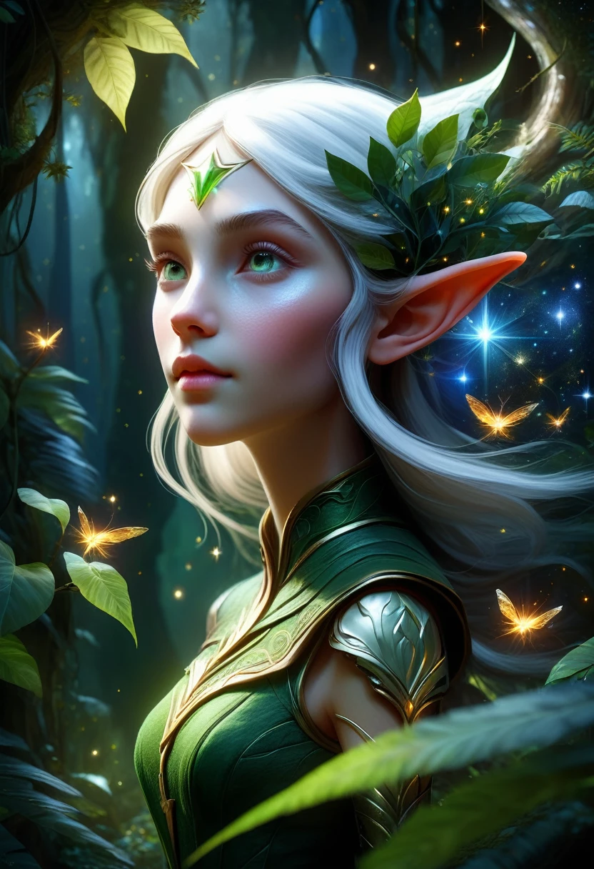 A masterpiece of ultra-fine detail, Dynamic, Good quality,Floating Elf Portrait DonMW15pXL ，Female elf in the jungle，Starlight，firefly，