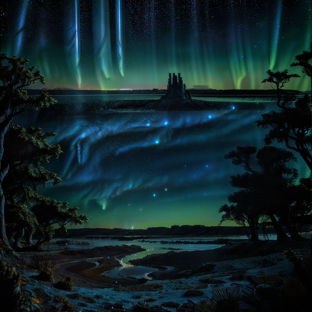 image depicts an image depicts a cosmic, Starry night sky, filled with numerous small stars and nebulae, creating a deep space atmosphere. with vanishing point staring at the Stars, (diminished:1.1), , (comet:1.1), low angle, aurora borealis, , surrounded by grass and some trees in the background and the sun setting, standing in a field, best qualityer, a river there at the vanishing point with a rave party in the background in the distance 