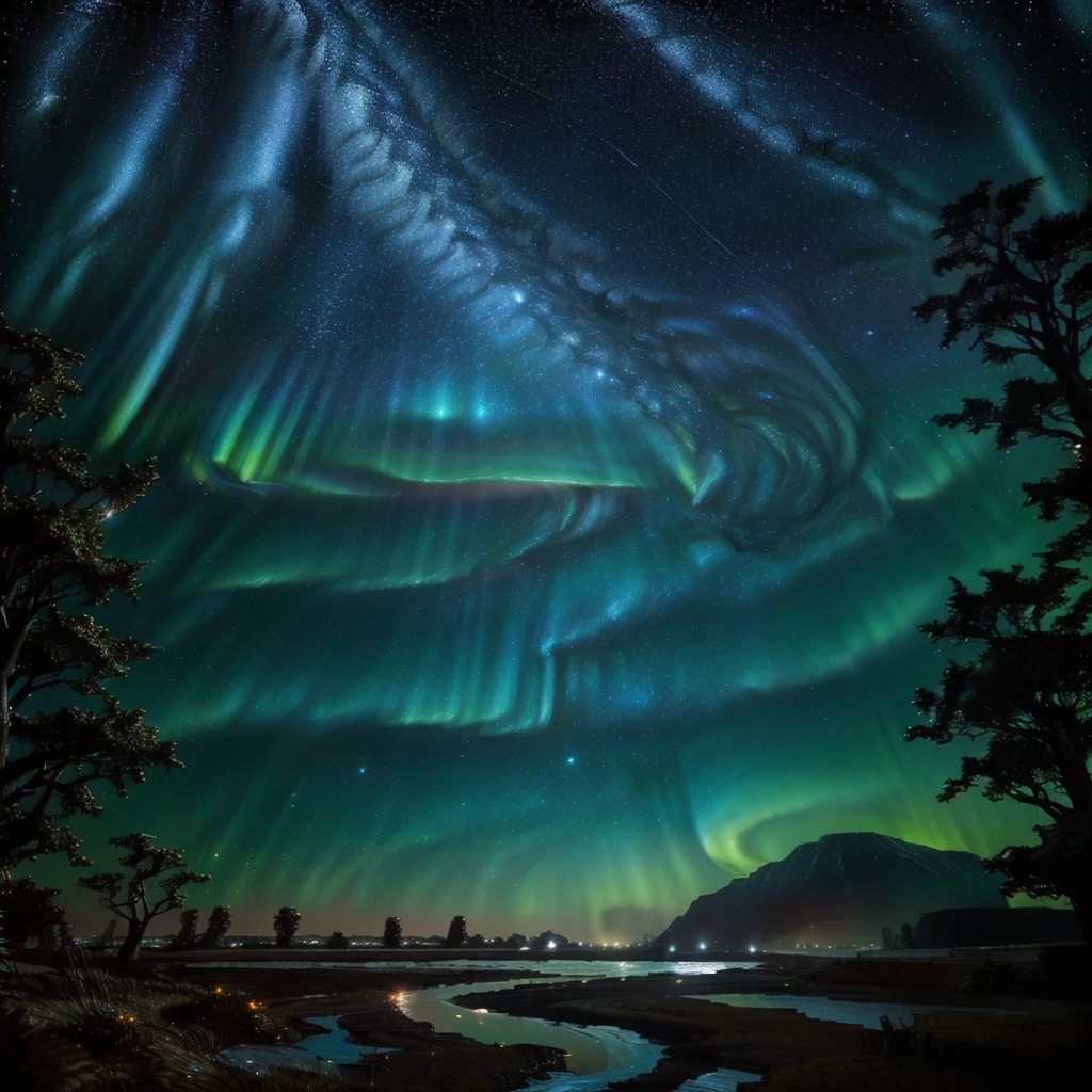 image depicts an image depicts a cosmic, Starry night sky, filled with numerous small stars and nebulae, creating a deep space atmosphere. with vanishing point staring at the Stars, (diminished:1.1), , (comet:1.1), low angle, aurora borealis, , surrounded by grass and some trees in the background and the sun setting, standing in a field, best qualityer, a river there at the vanishing point with a rave party in the background in the distance