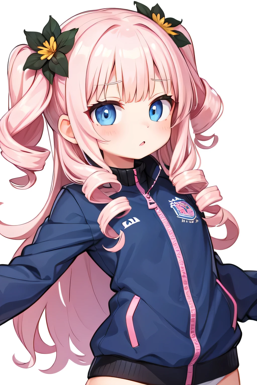 curly hair, curlers, light pink hair, upturned hair, a flower ornament in her hair, dark blue eyes, cute, beautiful, sport suit, open jacket