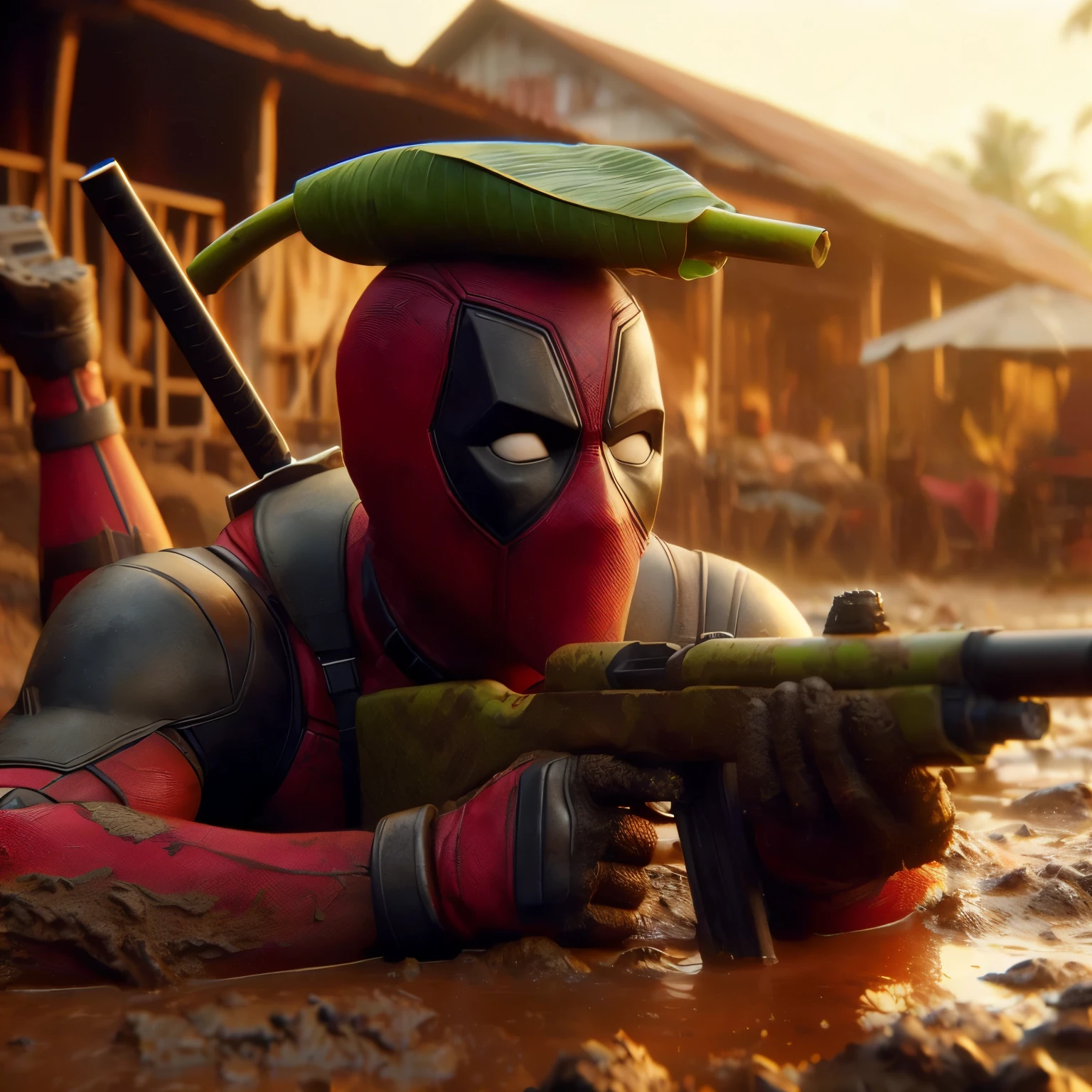 deadpool in a mud puddle with a rifle and a leaf on his head, rendered in sfm, movie still 8 k, mandalorian deadpool, cinematic shot!, octane render”, octane render ”, detailed cinematic shot, 8k render”, detailed cinematic render, deadpool, 🕹️ 😎 🔫 🤖 🚬, octane render - 8 k, octane render cinematic