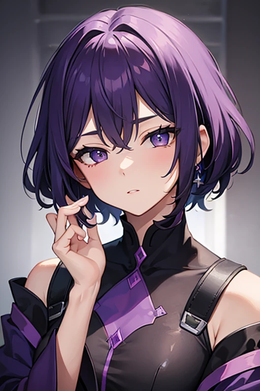 (masterpiece), (perfect hands), best quality, expressive eyes, perfect face, woman with short purple hair with long bangs in purple sexy wizard robes