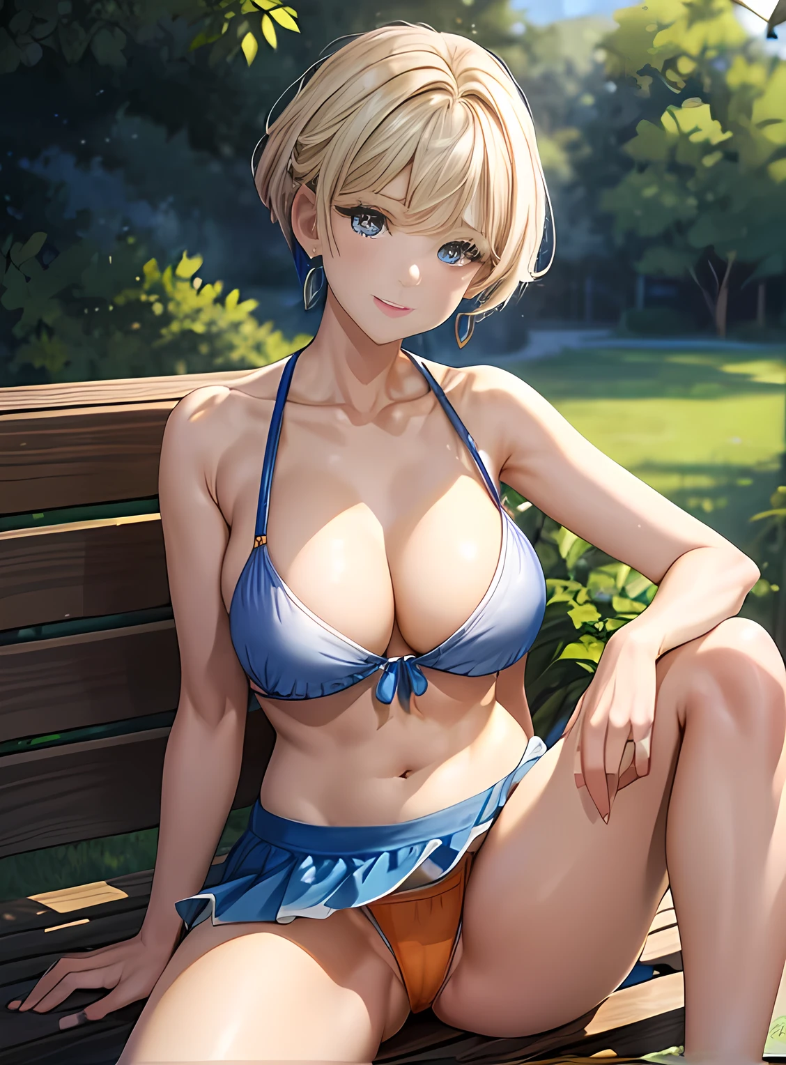 masterpiece,Ultra-high resolution、Highest quality、Sexy pose、blonde、Pixie Cut:1.5,Glittering blue eyes, smile、Tilt your head、Large earrings、Small breasts、the body is slim、Tight waist、Sit on the bench and spread your legs wide:1.9,Blue and light blue one-shoulder bikini top、Orange ultra-mini bikini skirt、I can see the orange panties、Focus on the thigh gap:1.5