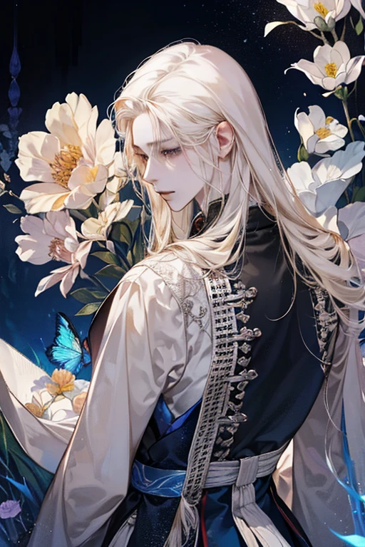 male性,male,Platinum Blonde,Long Hair,magic,count,good looking,Soft lighting,water ink,Low saturation,Low contrast,flower,薔薇のflower束,Intimidating and charismatic,nice,dignity,Threatening